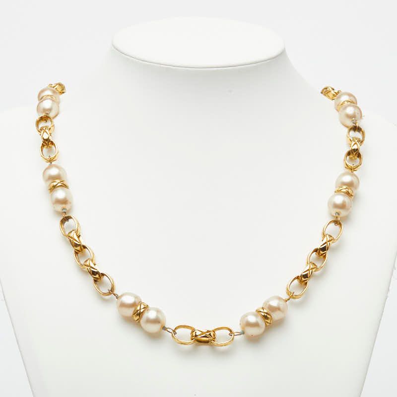 Chanel Chain Necklace Gold Faux Pearl Plated