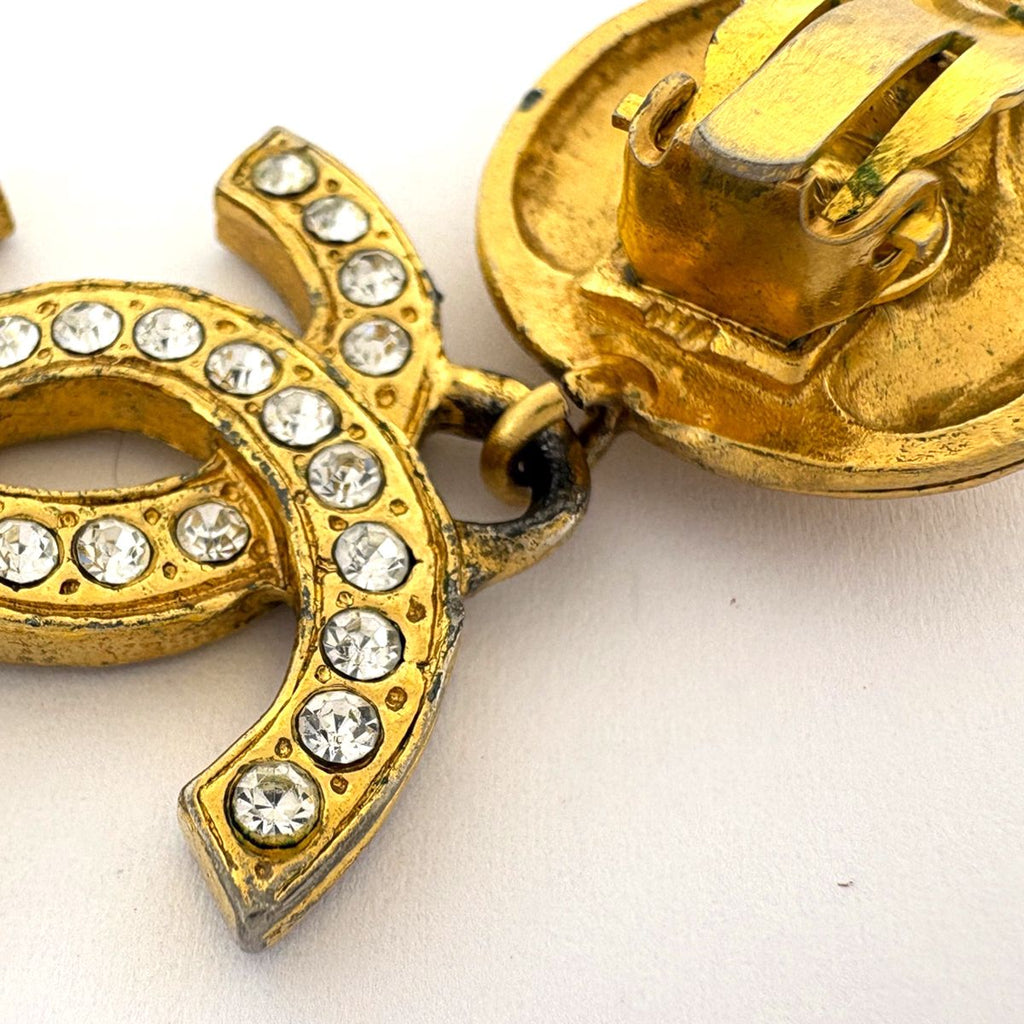 Chanel CC Logo Rhinestone Earrings Swing Gold Plated — view 5