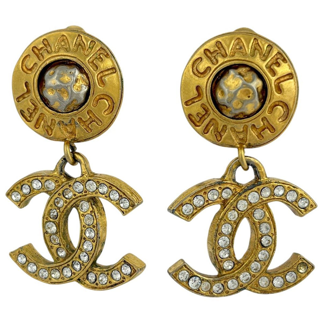 Chanel CC Logo Rhinestone Earrings Swing Gold Plated