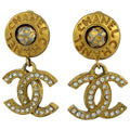 Chanel CC Logo Rhinestone Earrings Swing Gold Plated