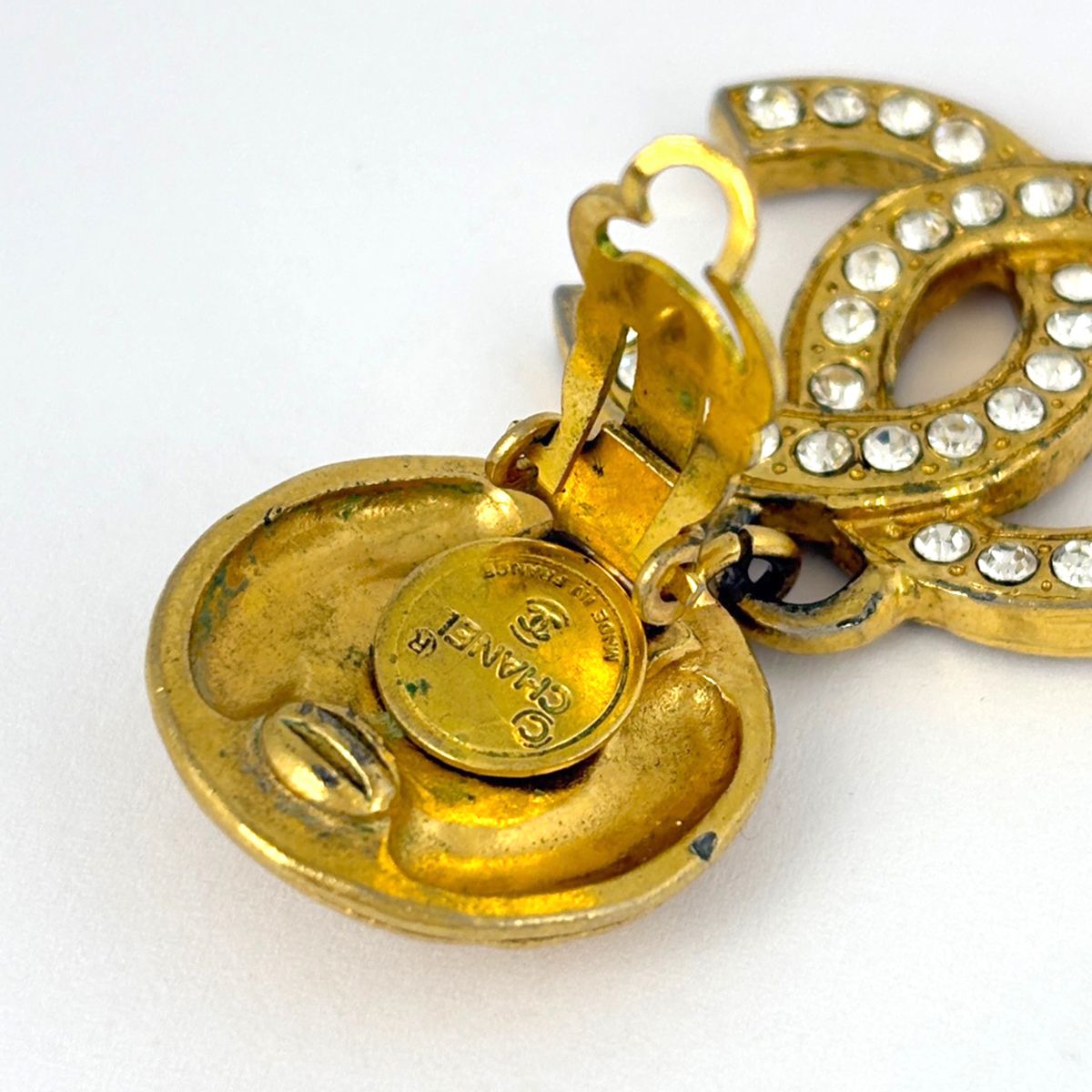 Chanel CC Logo Rhinestone Earrings Swing Gold Plated — view 3