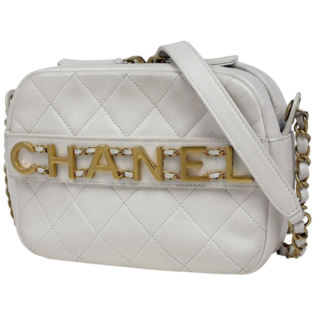 Chanel Logo Chain Shoulder Bag Quilted Leather White