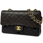 Chanel Quilted Double Flap Chain Shoulder Bag CC Logo Leather Black