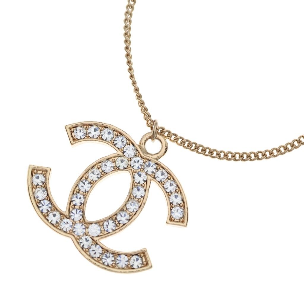 Chanel CC Logo Rhinestone Necklace Pendant Chain Gold