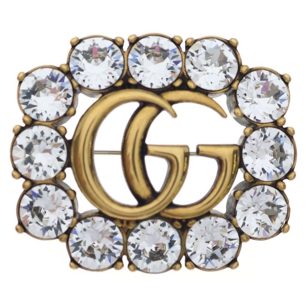 Gucci GG Rhinestone Pin Badge Brooch Gold