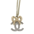 Chanel CC Logo Ribbon Rhinestone Necklace Pendant Chain Gold — view 3