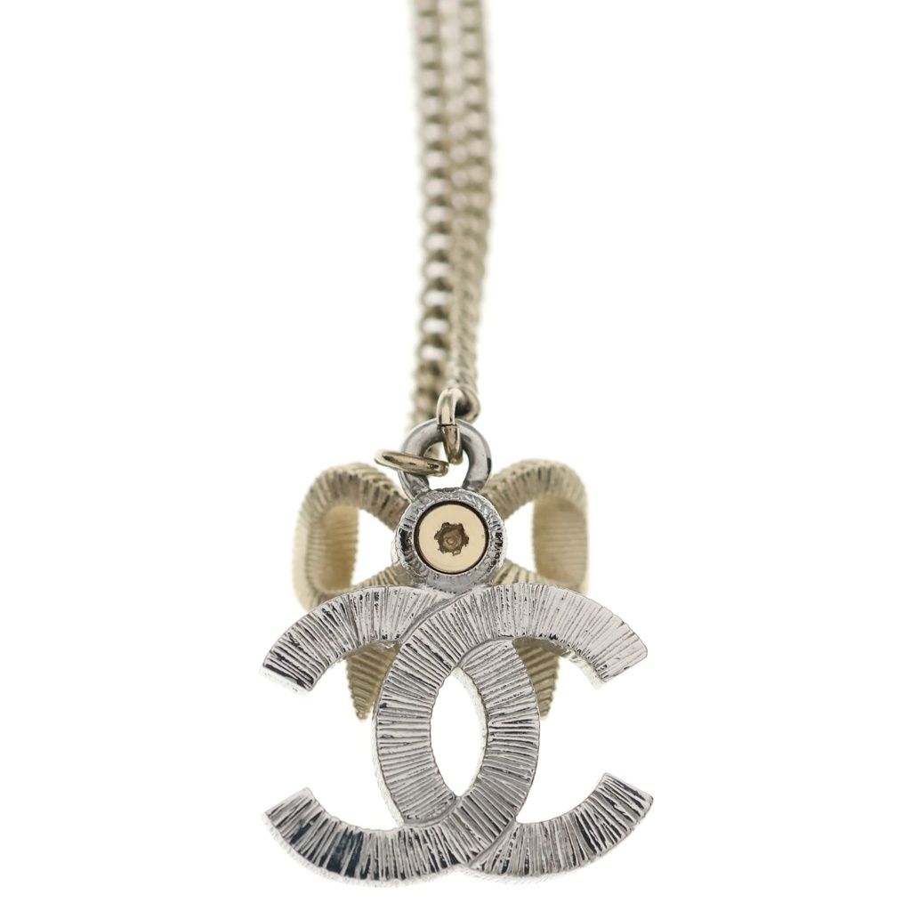 Chanel CC Logo Ribbon Rhinestone Necklace Pendant Chain Gold — view 5
