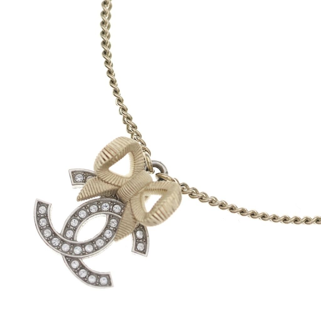 Chanel CC Logo Ribbon Rhinestone Necklace Pendant Chain Gold