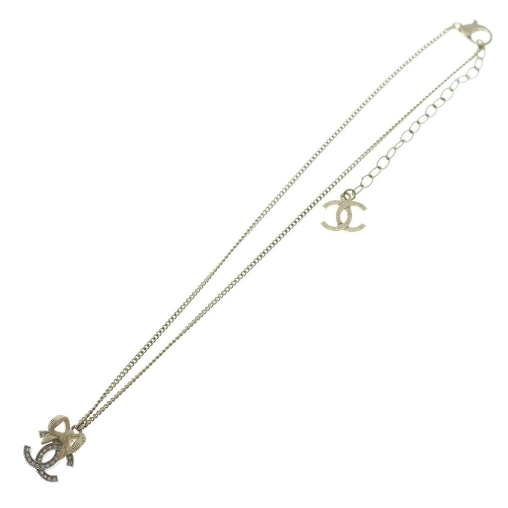 Chanel CC Logo Ribbon Rhinestone Necklace Pendant Chain Gold — view 2