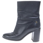 Chanel CC Logo Leather Heels Short Boots Shoes Black