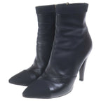 Chanel Logo Plate Leather Heels Pointed Toe Side Zip Short Boots Shoes Black — view 2