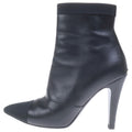 Chanel Logo Plate Leather Heels Pointed Toe Side Zip Short Boots Shoes Black