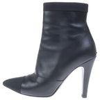 Chanel Logo Plate Leather Heels Pointed Toe Side Zip Short Boots Shoes Black