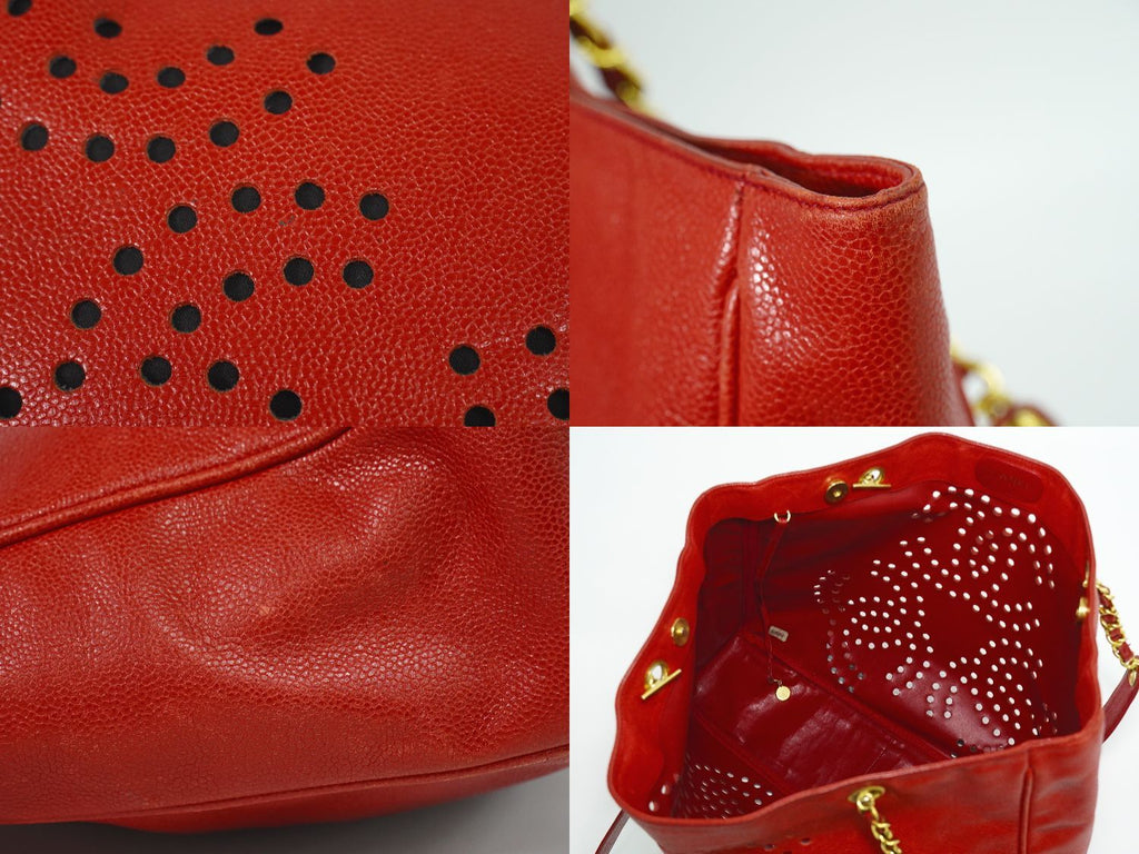Chanel Perforated Triple CC Logo Shoulder Bag Tote Caviar Leather Red — view 7