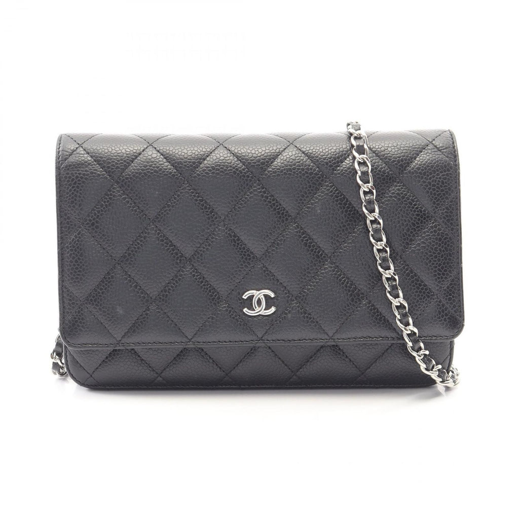 Chanel Shoulder Bag Quilted Black Caviar Leather Chain Wallet