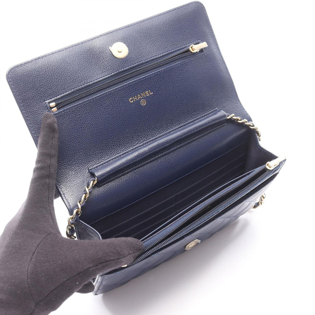 Chanel Shoulder Bag Quilted Navy Caviar Leather Chain Wallet — view 3
