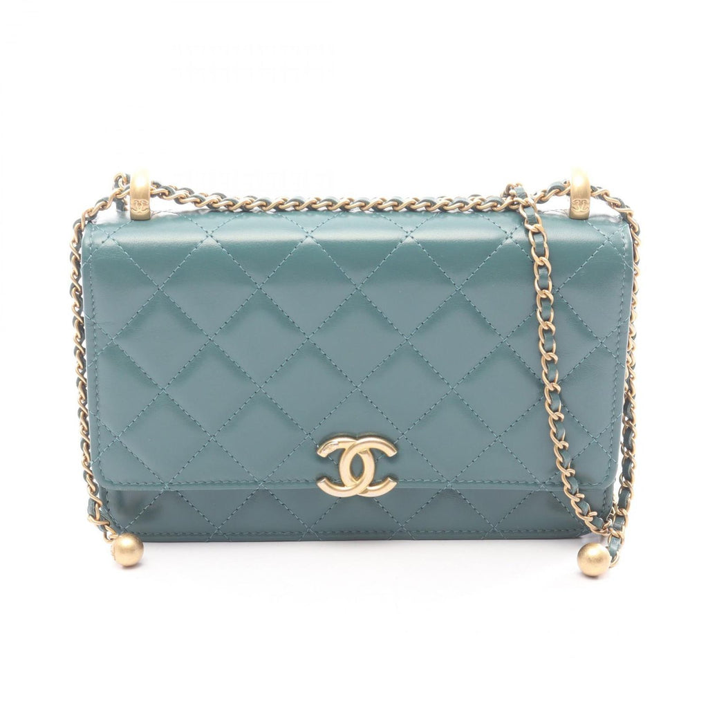 Chanel Shoulder Bag Quilted Green Leather Chain Wallet