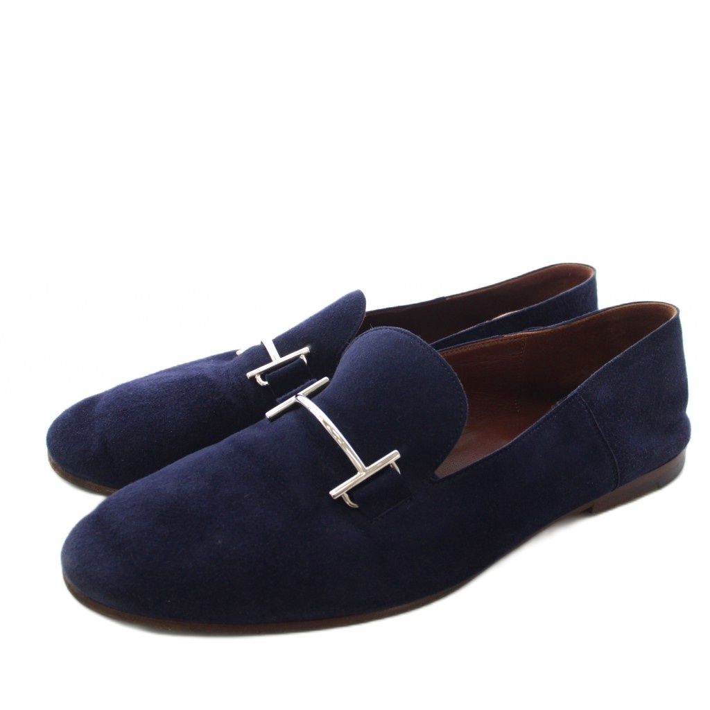 Hermes Saga Suede Loafers Moccasins 41 Navy PJ