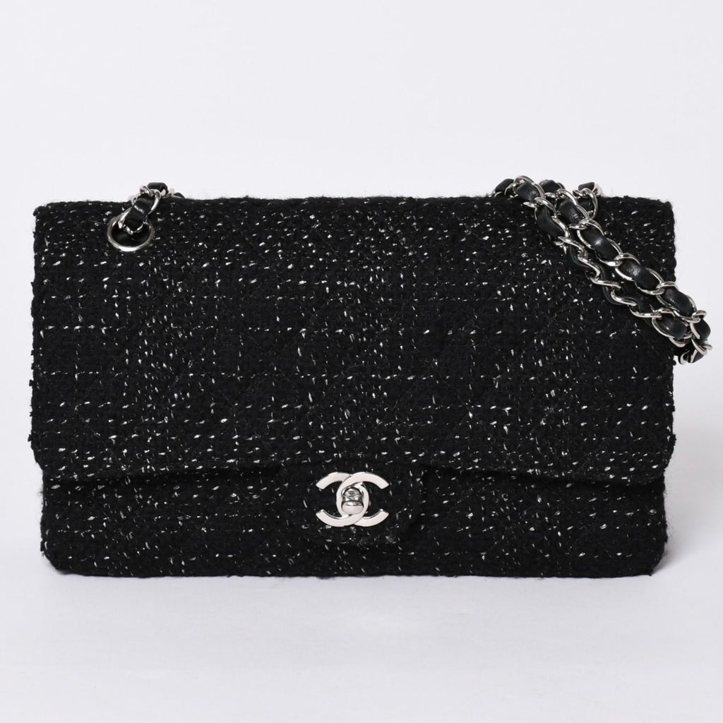 Chanel Quilted 25 Double Flap Chain Shoulder Bag CC Logo Tweed Leather Black