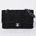 Chanel Quilted 25 Double Flap Chain Shoulder Bag CC Logo Tweed Leather Black