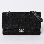 Chanel Quilted 25 Double Flap Chain Shoulder Bag CC Logo Tweed Leather Black