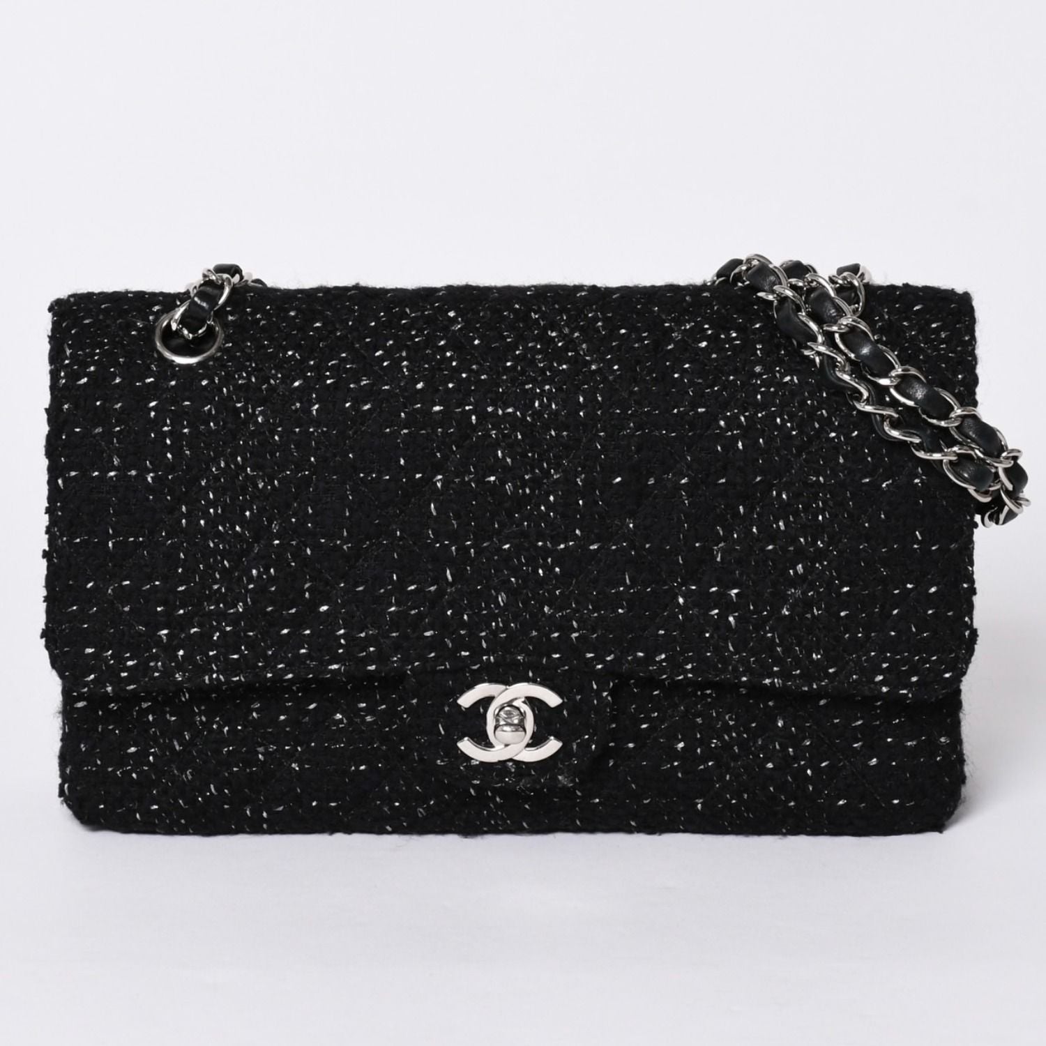 Chanel Quilted 25 Double Flap Chain Shoulder Bag CC Logo Tweed Leather Black