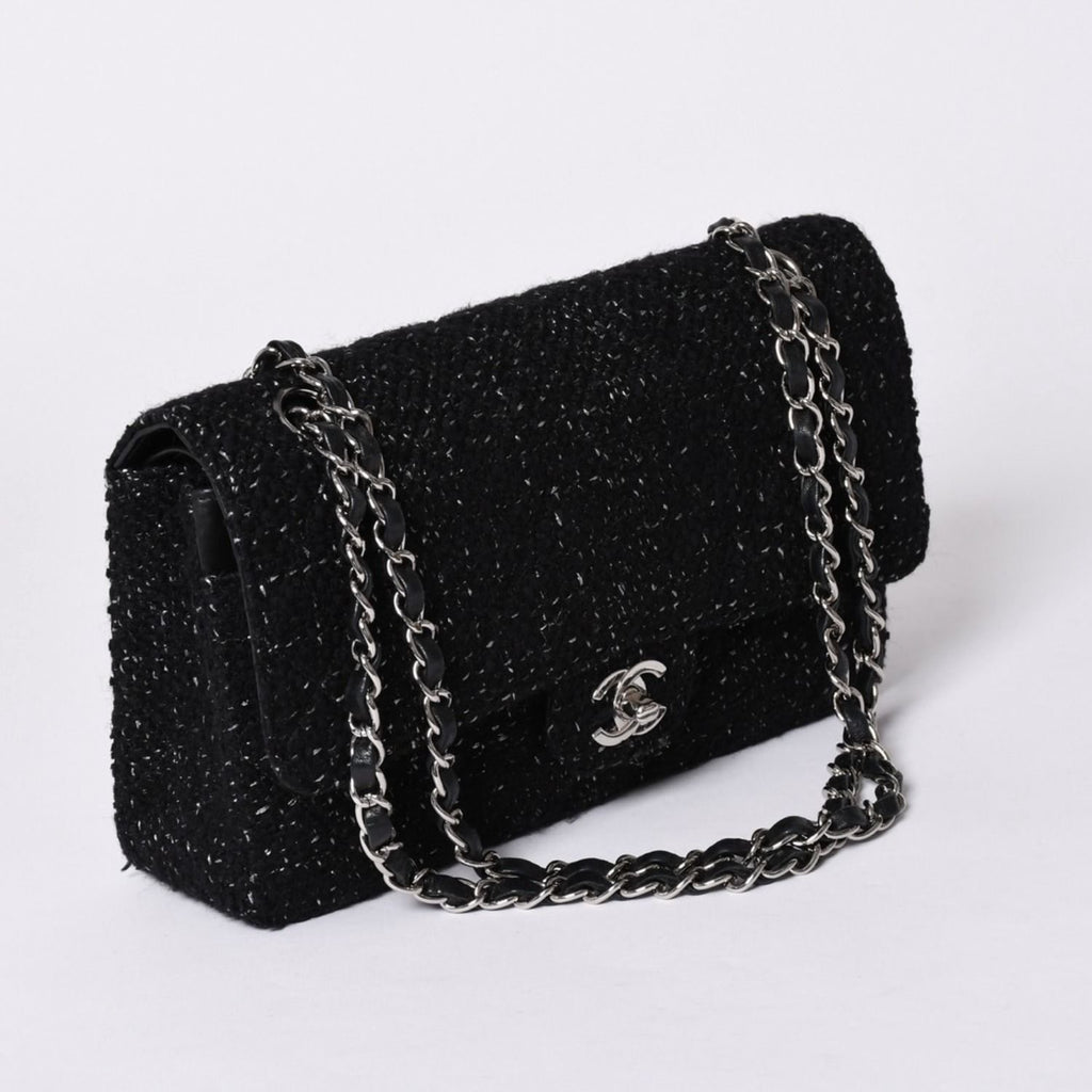 Chanel Quilted 25 Double Flap Chain Shoulder Bag CC Logo Tweed Leather Black — view 3