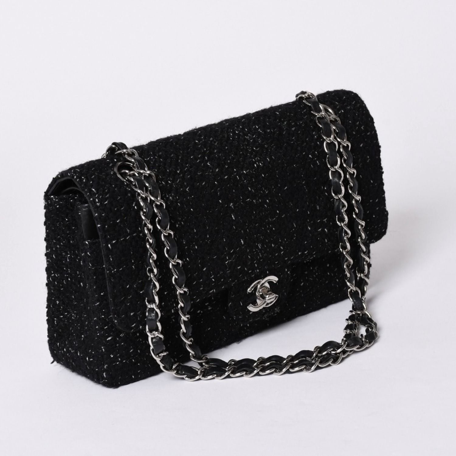 Chanel Quilted 25 Double Flap Chain Shoulder Bag CC Logo Tweed Leather Black — view 3
