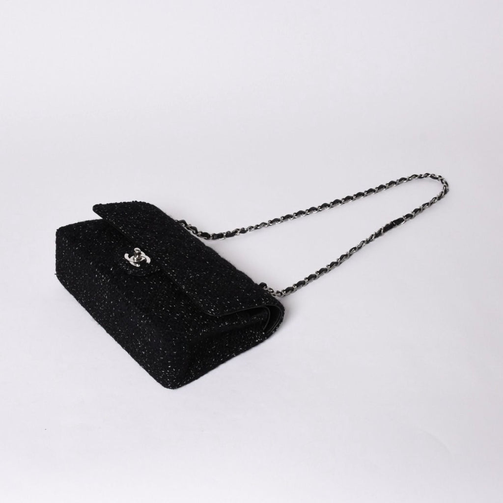Chanel Quilted 25 Double Flap Chain Shoulder Bag CC Logo Tweed Leather Black — view 5