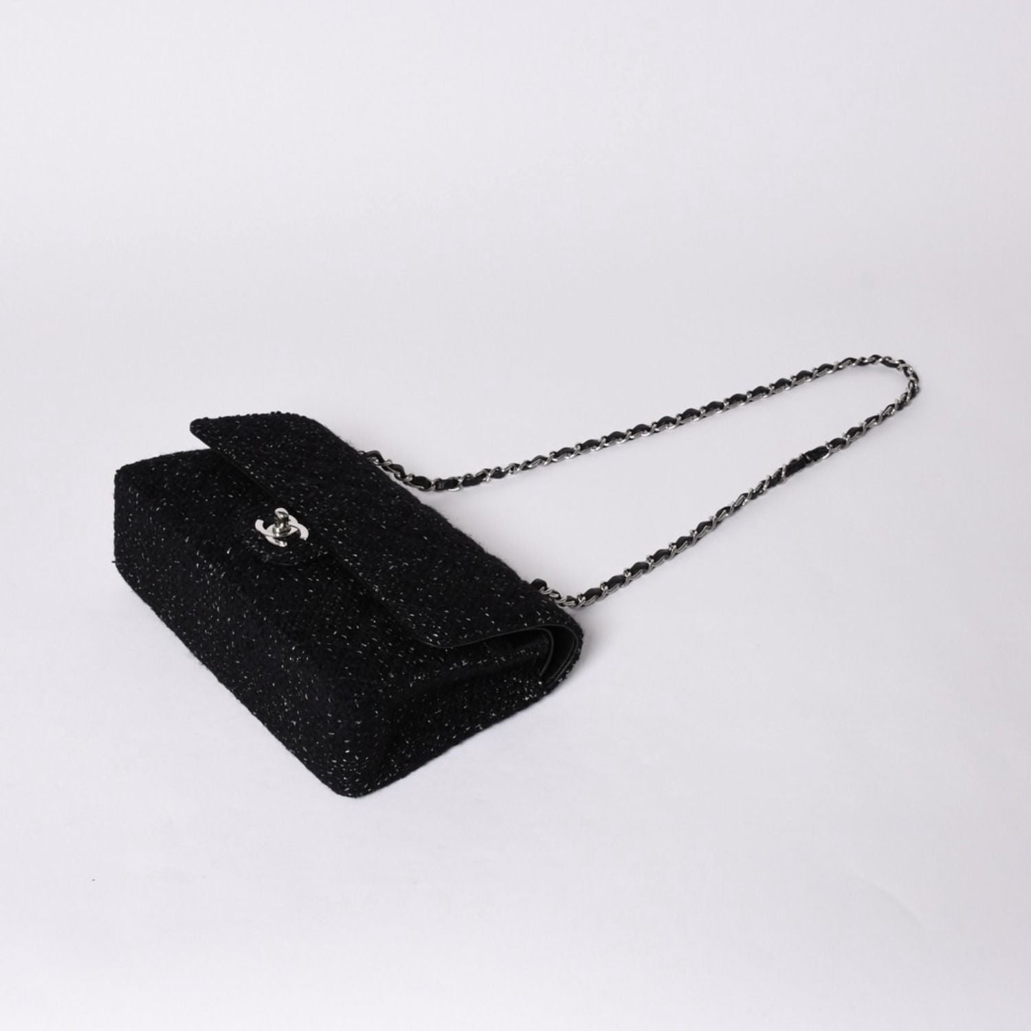 Chanel Quilted 25 Double Flap Chain Shoulder Bag CC Logo Tweed Leather Black — view 5