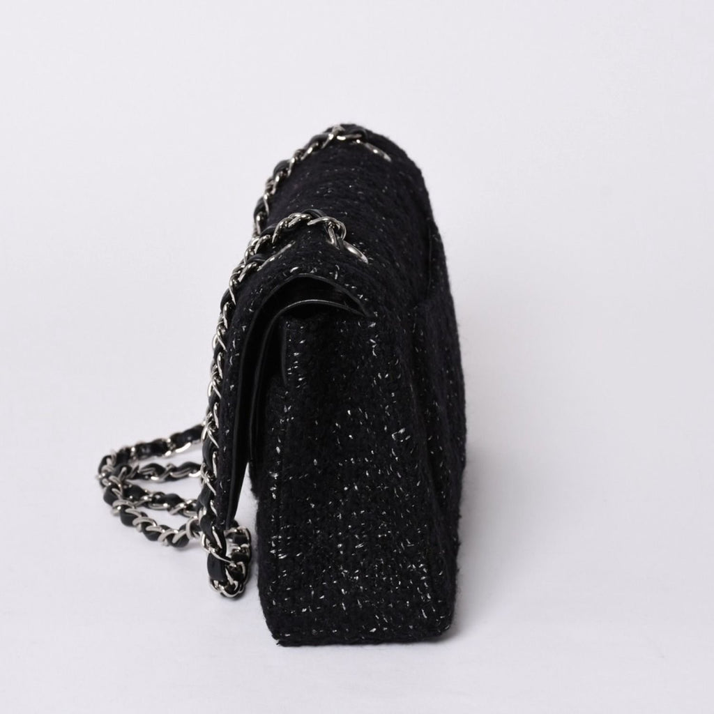 Chanel Quilted 25 Double Flap Chain Shoulder Bag CC Logo Tweed Leather Black — view 4