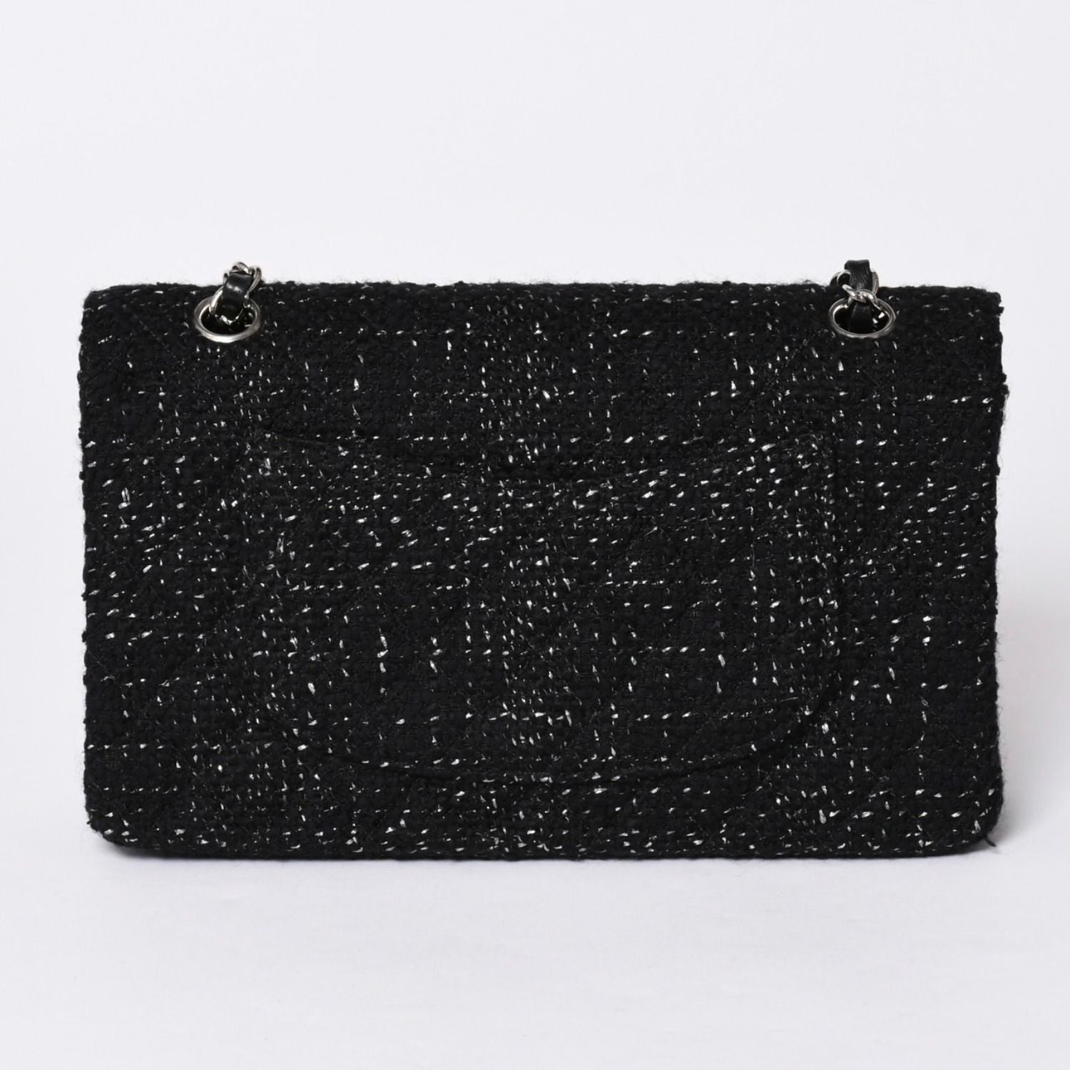 Chanel Quilted 25 Double Flap Chain Shoulder Bag CC Logo Tweed Leather Black — view 2