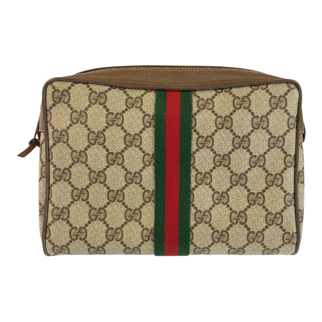 Gucci Sherry Line Beige Brown GG Supreme Canvas Leather Clutch Pouch