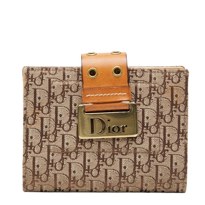 Dior Trotter Jacquard Card Case Bifold Beige Brown Canvas Leather