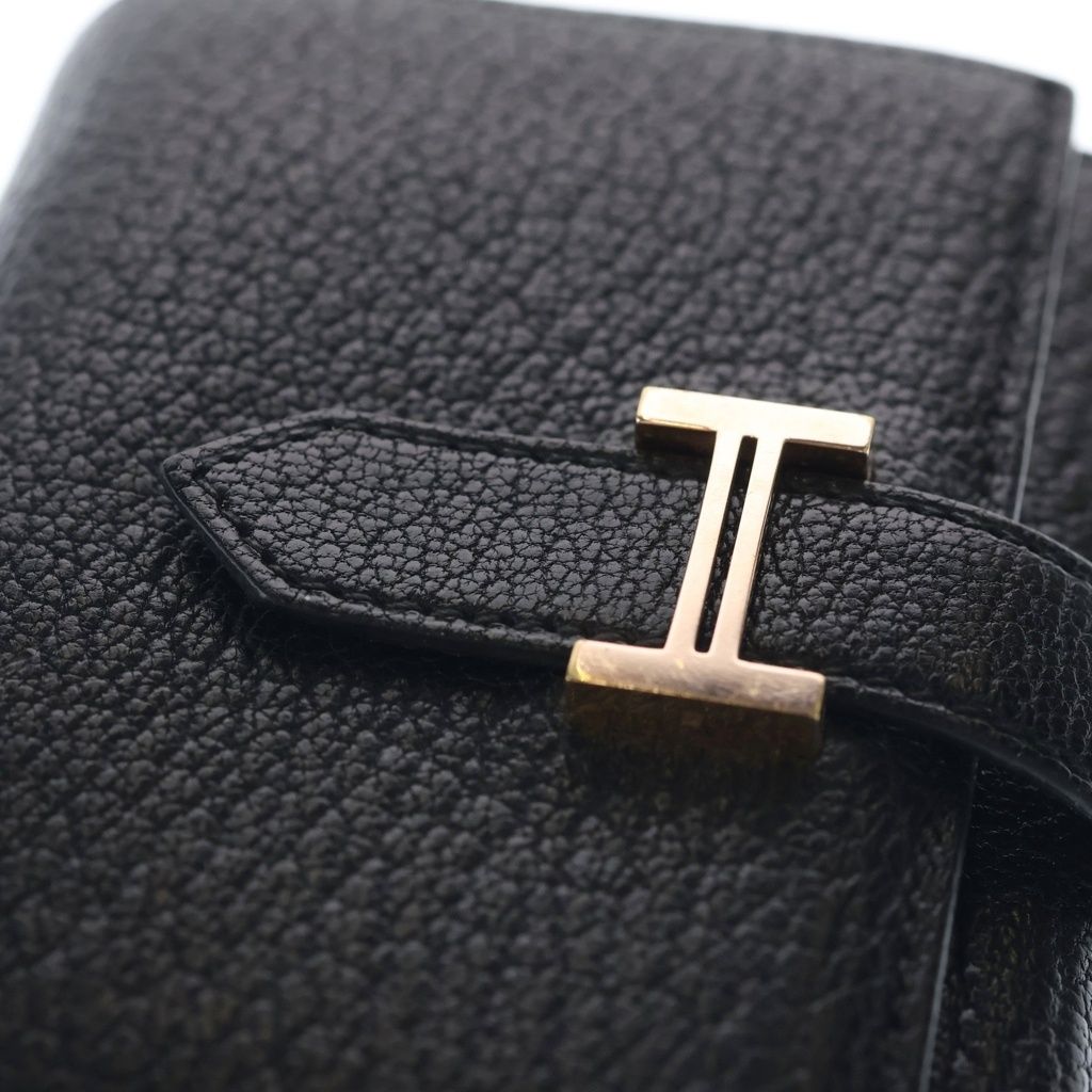 Hermes Bearn Compact Leather Silver Trifold Wallet Black — view 6