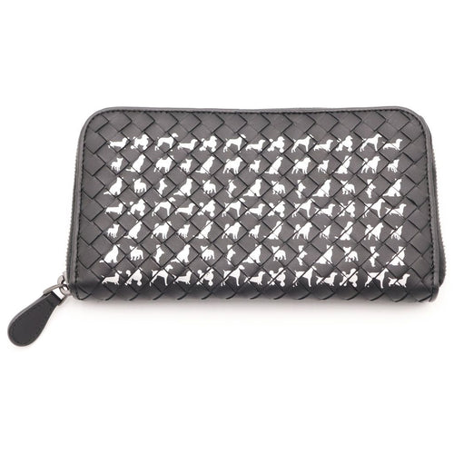 Bottega Veneta Intrecciato Dog Pattern Round Zip Leather Wallet Black