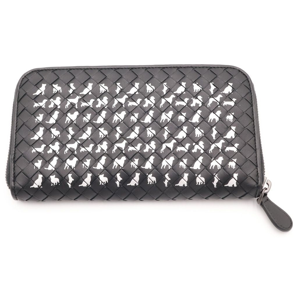 Bottega Veneta Intrecciato Dog Pattern Round Zip Leather Wallet Black — view 2