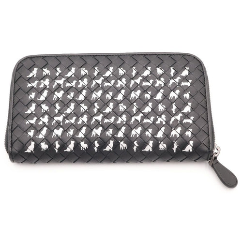 Bottega Veneta Intrecciato Dog Pattern Round Zip Leather Wallet Black — view 2