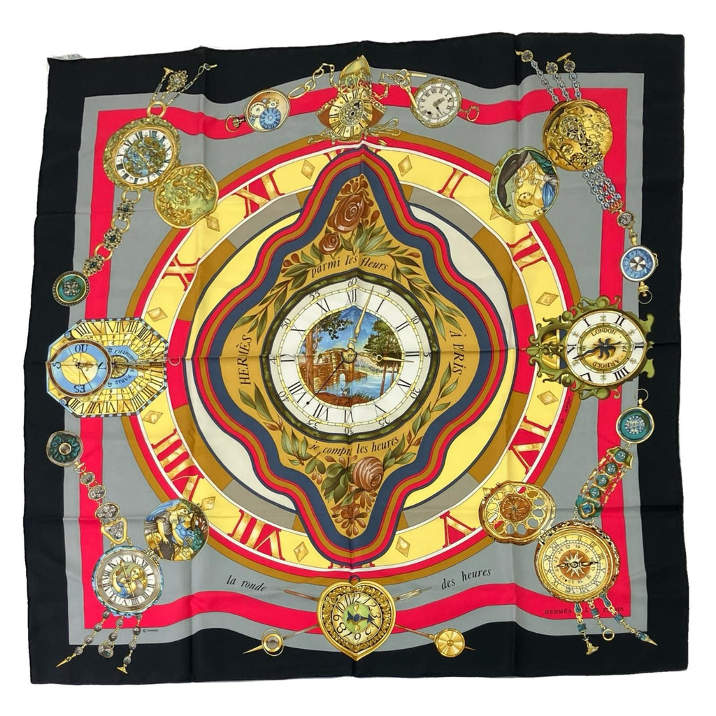 Hermes Carre 90 la Ronde Des Heures Tokinoronbu Black Gray Scarf