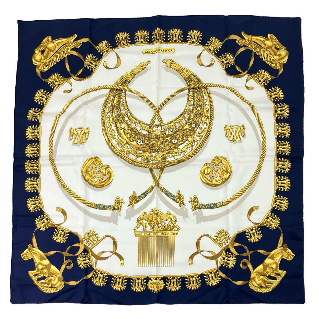 Hermes Carre 90 Yellow Golden Knight Navy White Scarf