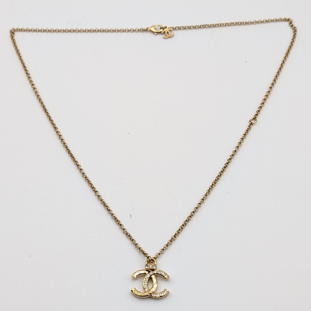 Chanel CC Logo Rhinestone Gold Necklace — view 6