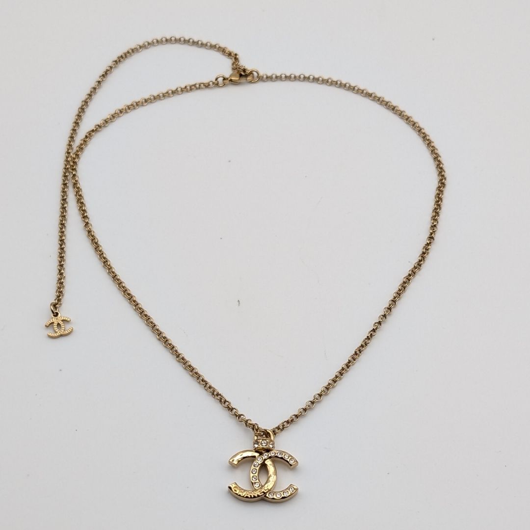 Chanel CC Logo Rhinestone Gold Necklace — view 7