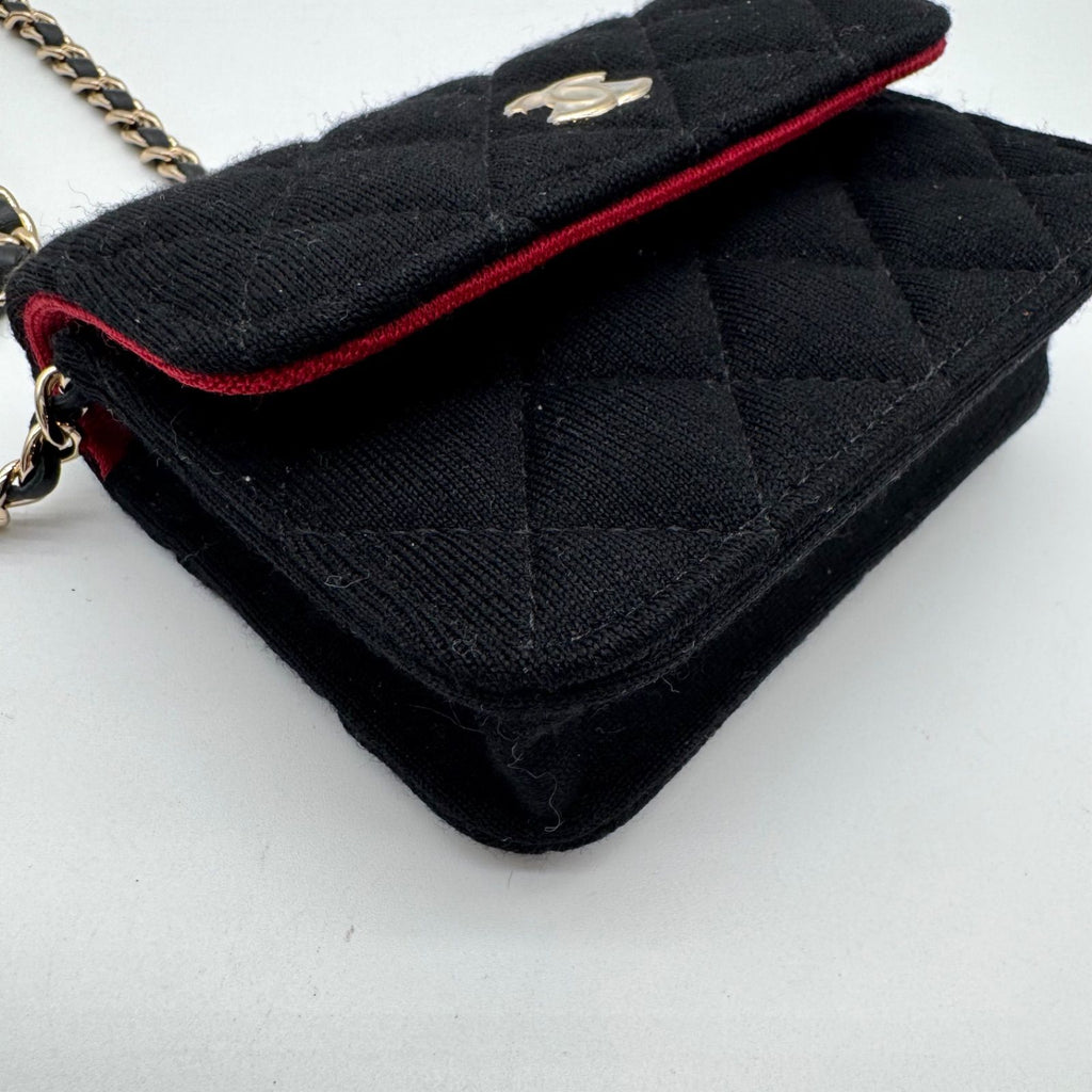 Chanel Shoulder Bag Mini Quilted Cotton Black Gold CC Logo Chain — view 7