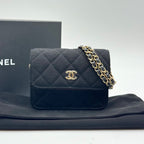 Chanel Shoulder Bag Mini Quilted Cotton Black Gold CC Logo Chain