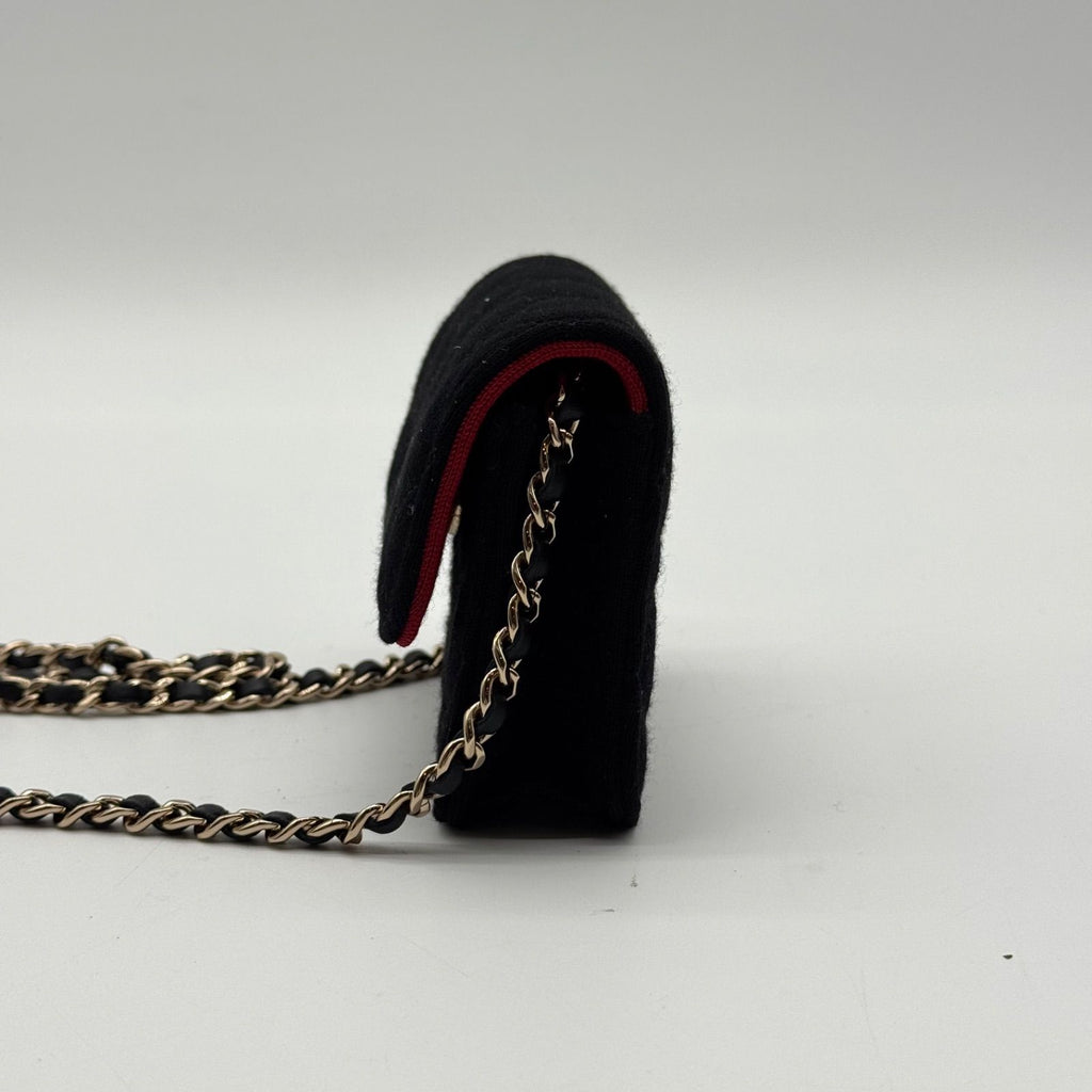 Chanel Shoulder Bag Mini Quilted Cotton Black Gold CC Logo Chain — view 3