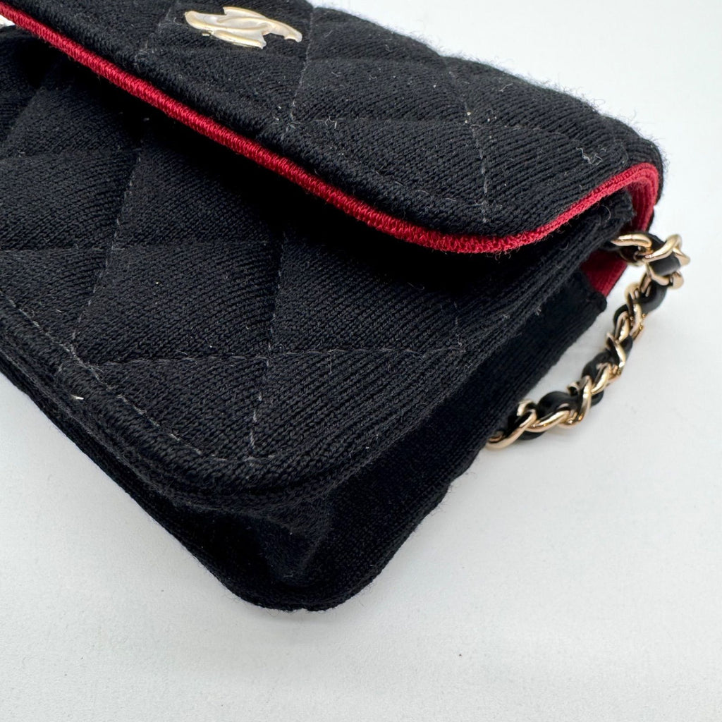 Chanel Shoulder Bag Mini Quilted Cotton Black Gold CC Logo Chain — view 8