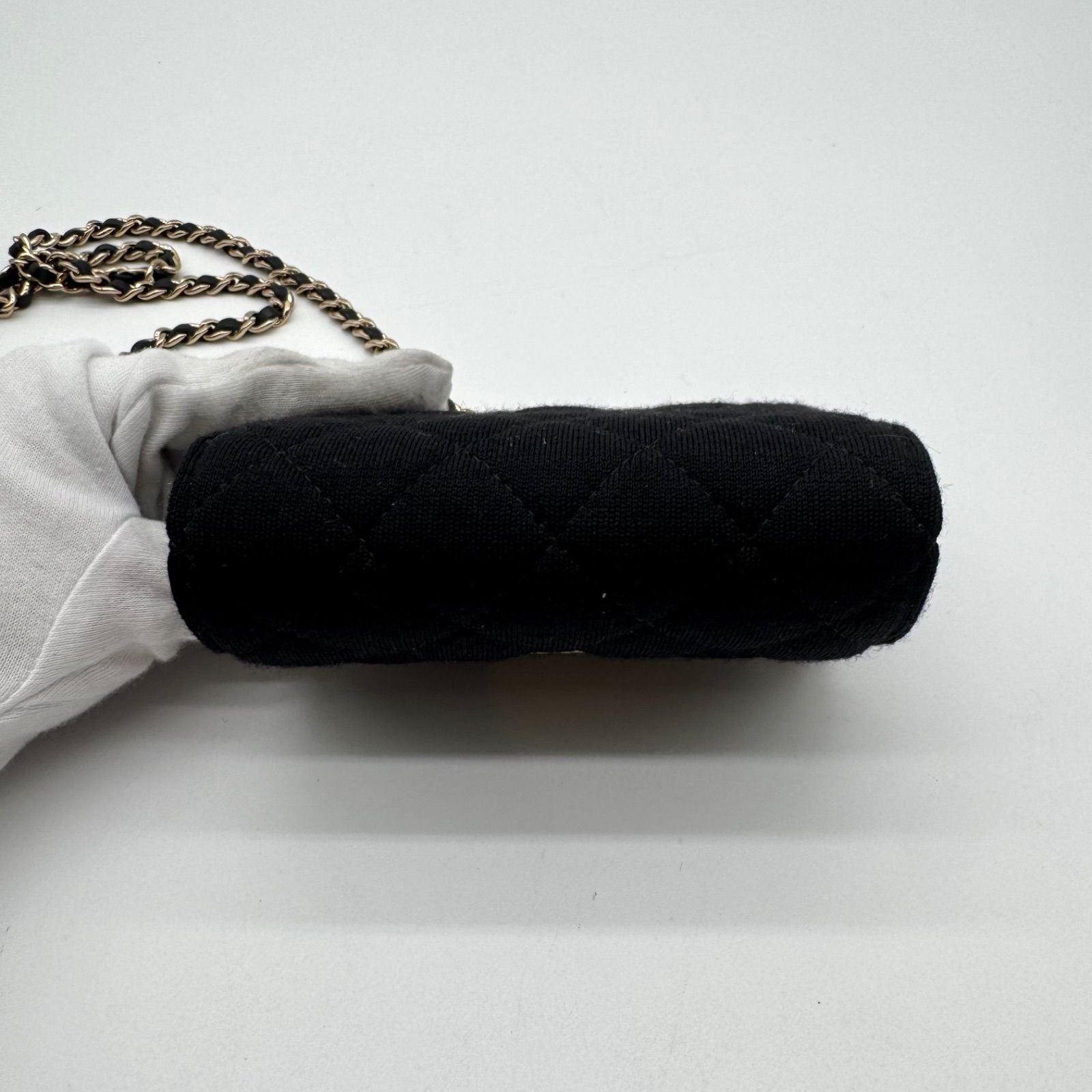 Chanel Shoulder Bag Mini Quilted Cotton Black Gold CC Logo Chain — view 5