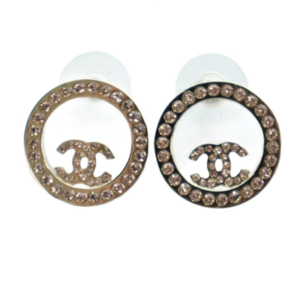 Chanel Circle CC Logo Earrings Rhinestone Gold