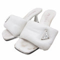 Prada Soft Patted Logo Sandals Mules Heels Triangle Leather 37 White