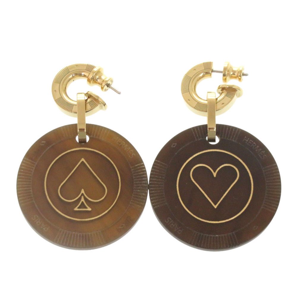 Hermes Fete Vojeux Heart Spade Buffalo Horn Brown Earrings